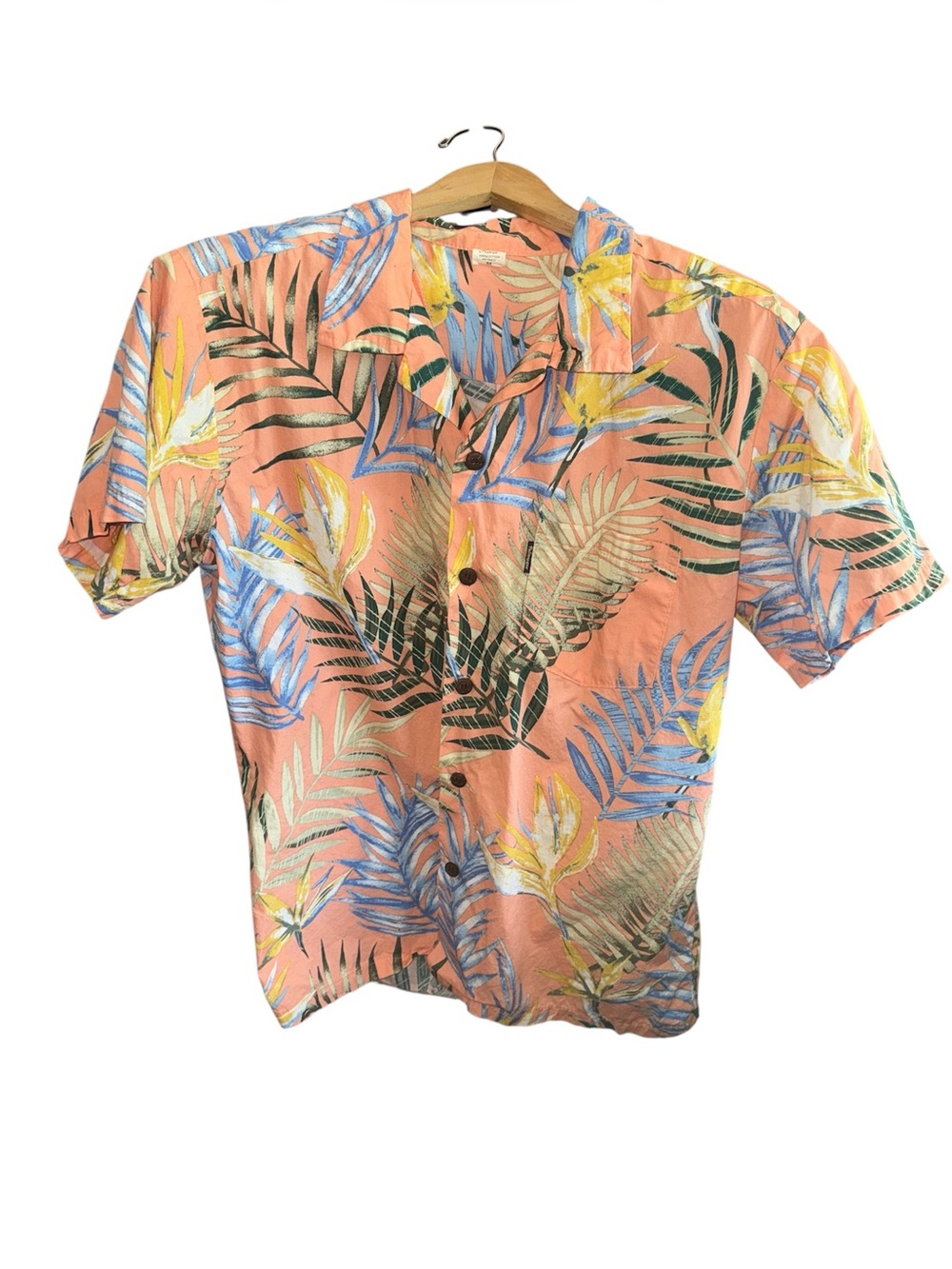 Palmwave Hawaii 100% Cotton Tropical Short-Sleeve Button-Up Shirt Peach Floral